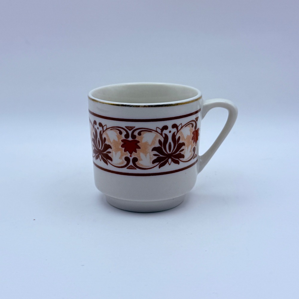 Vintage Boshan‎ Made in China Ceramic Coffee Mug Brown Orange Scroll Gold Rim
